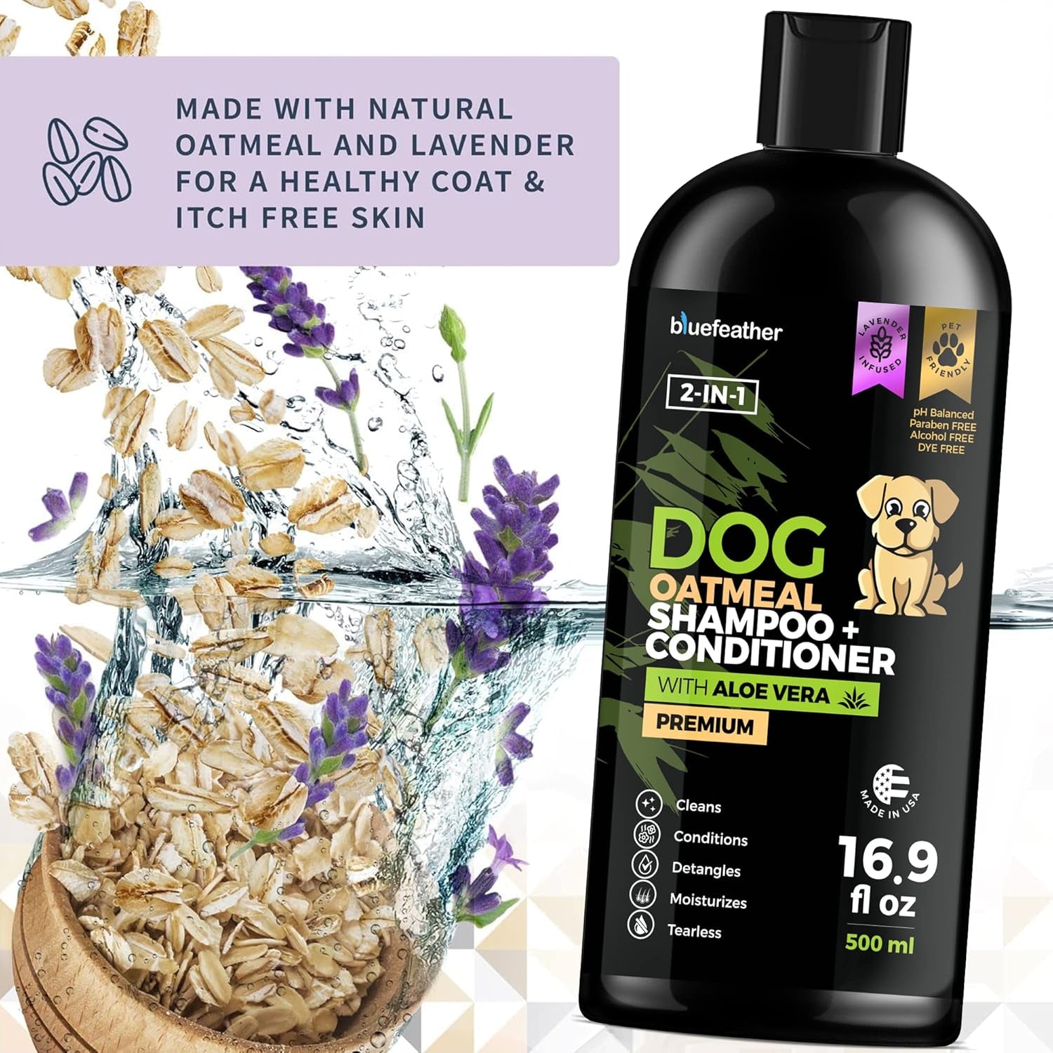 Lavender Oatmeal 2 in 1 Dog Shampoo and Conditioner for Dry Itchy Sensitive Skin - Moisturizing Hypoallergenic Shampoo - Oatmeal Wash with Aloe for Any Pet Dog Puppy or Cat 16.9 Fl Oz (Pack of 1)