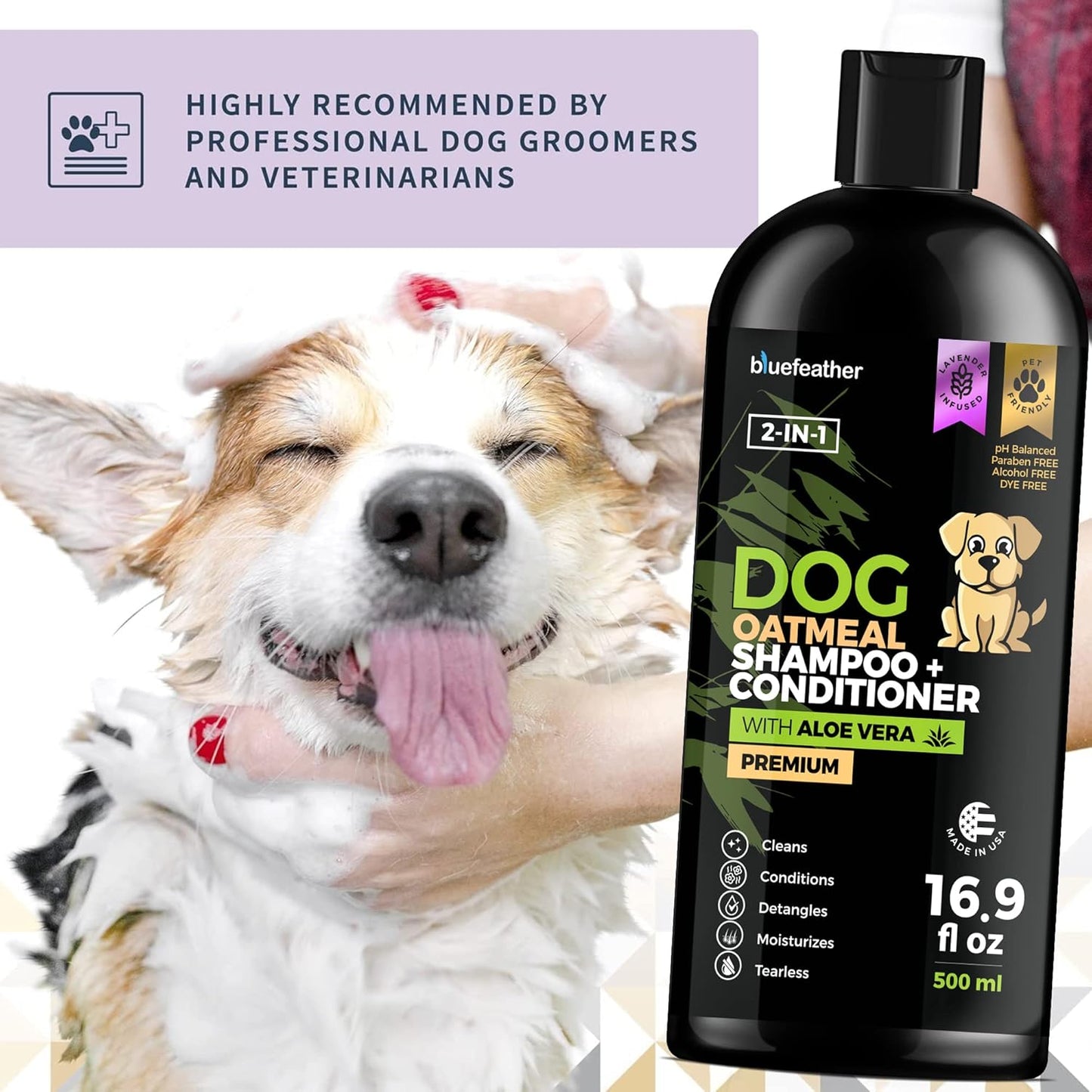 Lavender Oatmeal 2 in 1 Dog Shampoo and Conditioner for Dry Itchy Sensitive Skin - Moisturizing Hypoallergenic Shampoo - Oatmeal Wash with Aloe for Any Pet Dog Puppy or Cat 16.9 Fl Oz (Pack of 1)