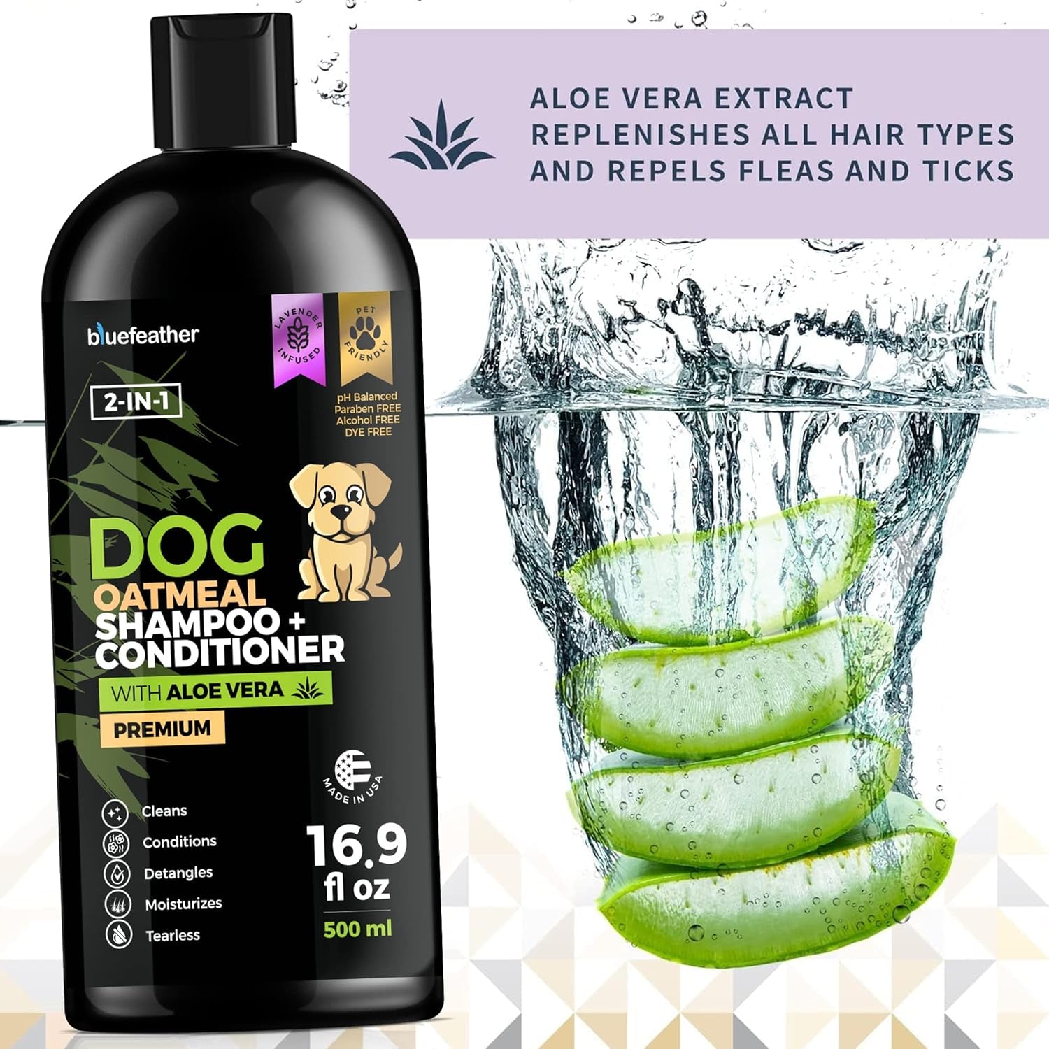 Lavender Oatmeal 2 in 1 Dog Shampoo and Conditioner for Dry Itchy Sensitive Skin - Moisturizing Hypoallergenic Shampoo - Oatmeal Wash with Aloe for Any Pet Dog Puppy or Cat 16.9 Fl Oz (Pack of 1)
