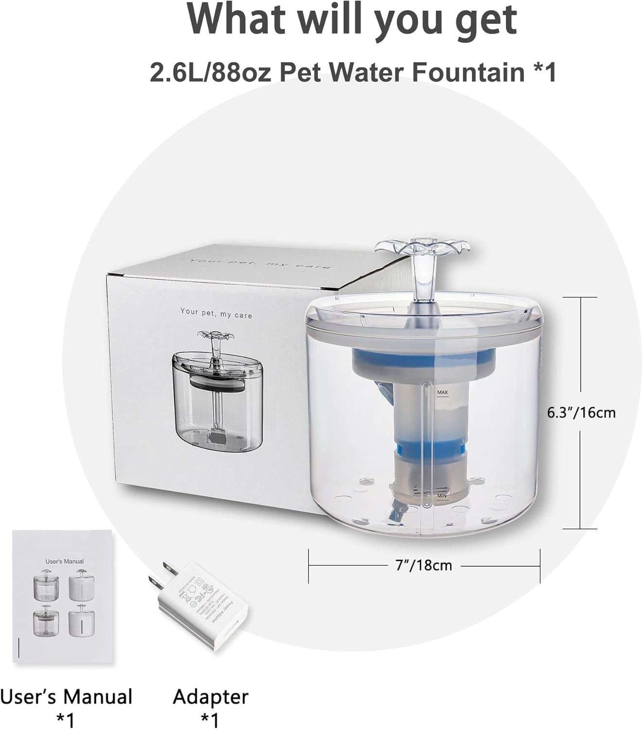 Cat Water Fountain -  Cat Dog Water Dispenser, 2.6L/88Oz Kitty Water Fountains Super Quiet Automatic Pet Drinking Fountain Pet Water Fountain for Cats,Dogs,Other Pets(Transparent)